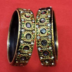 Gold Plated Bangles Colored Glass Rhinestones Set of 2